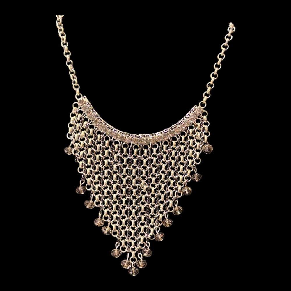VINTAGE Silver tone Chain Fringe Bib Necklace w/crystal faceted beads GUC